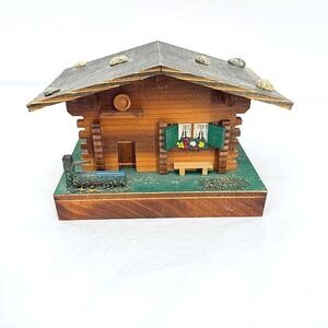 Vintage Wooden Swiss Musical Chalet Box Wood Cabin Dancing Ballerina Decor
